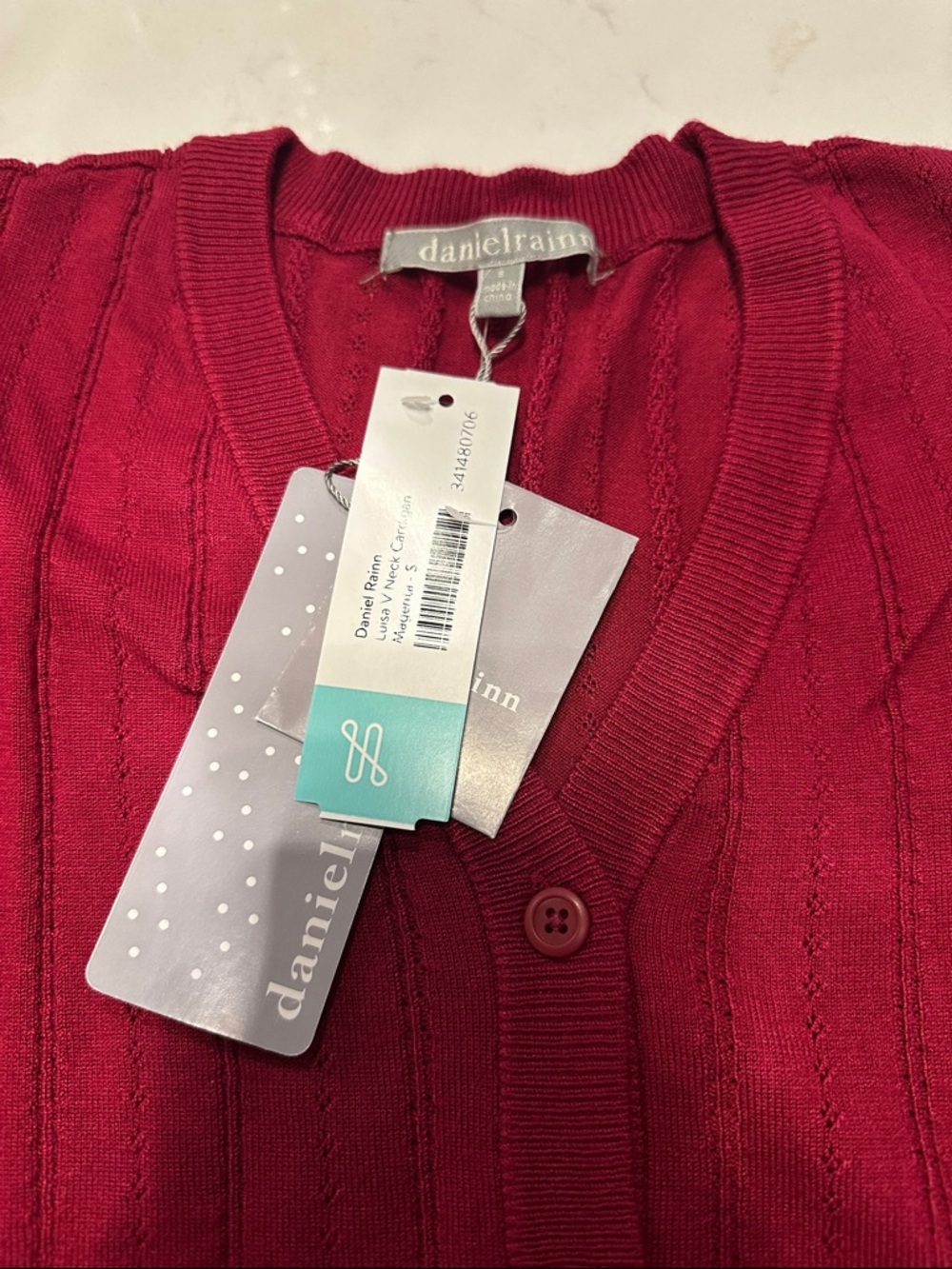 Daniel Rainn Raspberry Red Cable-Knit V-Neck Button Cardigan - Picture 4 of 6
